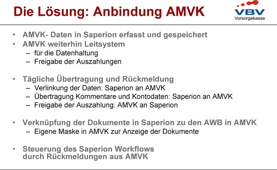 Kommentare und Kontodaten: Saperion an AMVK Freigabe der Auszahlung: AMVK an Saperion Verknüpfung der Dokumente in
