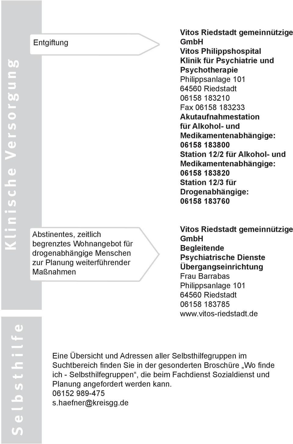 Station 12/2 für Alkohol- und Medikamentenabhängige: 06158 183820 Station 12/3 für Drogenabhängige: 06158 183760 Vitos Riedstadt gemeinnützige GmbH Begleitende Psychiatrische Dienste