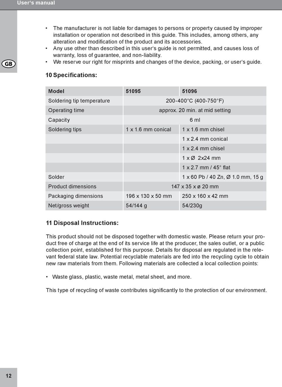 Any use other than described in this user s guide is not permitted, and causes loss of warranty, loss of guarantee, and non-liability.