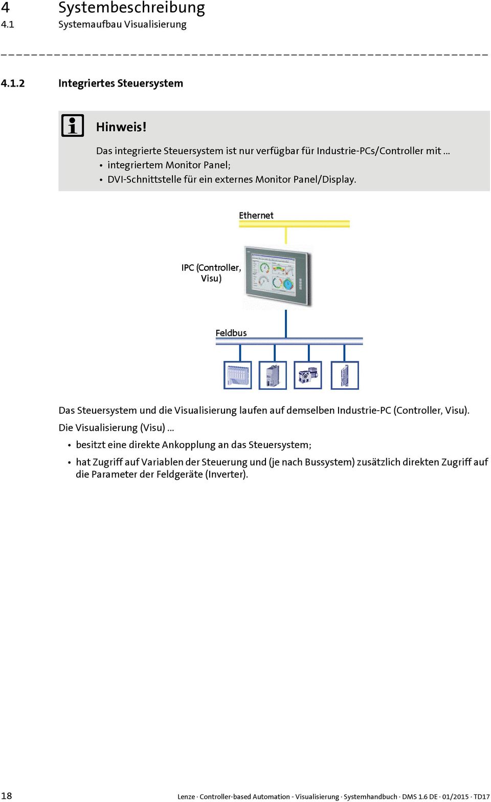 Das Steuersystem und die Visualisierung laufen auf demselben Industrie-PC (Controller, Visu). Die Visualisierung (Visu).