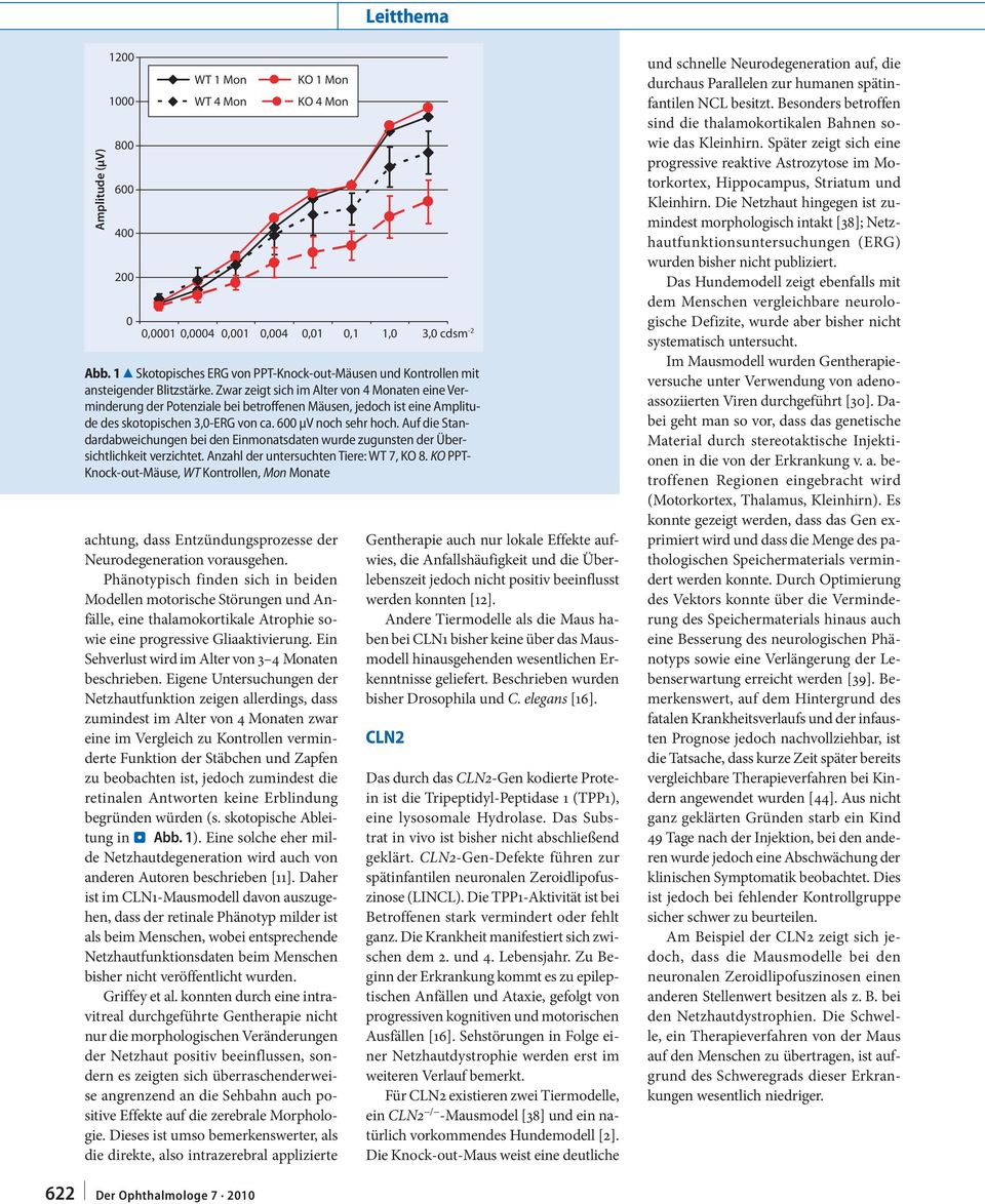 Zwar zeigt sich im Alter von 4 Monaten eine Verminderung der Potenziale bei betroffenen Mäusen, jedoch ist eine Amplitude des skotopischen 3,0-ERG von ca. 600 µv noch sehr hoch.