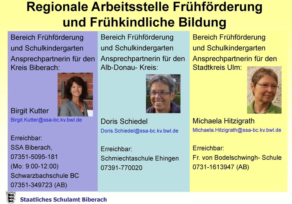 Birgit Kutter Birgit.Kutter@ssa-bc.kv.bwl.de Erreichbar: SSA Biberach, 07351-5095-181 ( 9:00-12:00 (Mo: Schwarzbachschule BC ( AB ) 07351-349723 Doris Schiedel Doris.