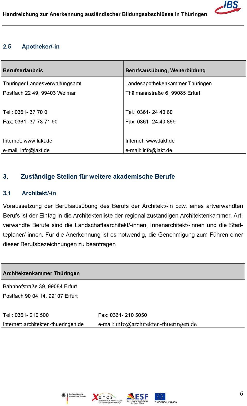 Zuständige Stellen für weitere akademische Berufe 3.1 Architekt/-in Voraussetzung der Berufsausübung des Berufs der Architekt/-in bzw.