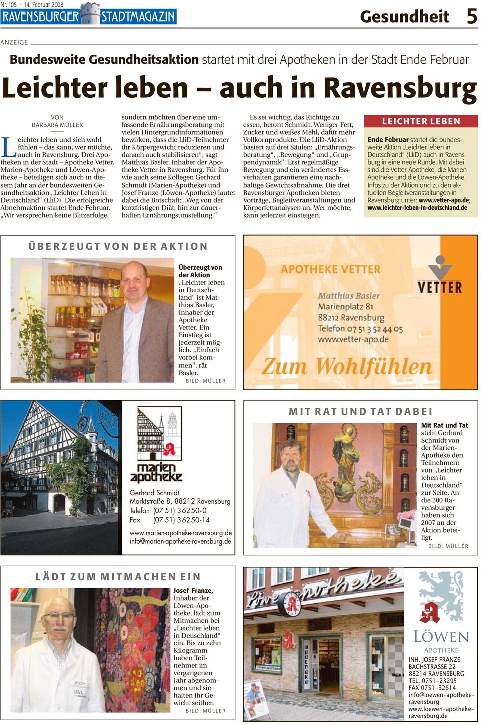 Drei Apotheken in der Stadt Apotheke Vetter, Marien-Apotheke und Löwen-Apotheke beteiligen sich auch in diesem Jahr an der bundesweiten Gesundheitsaktion Leichter Leben in Deutschland (LliD).