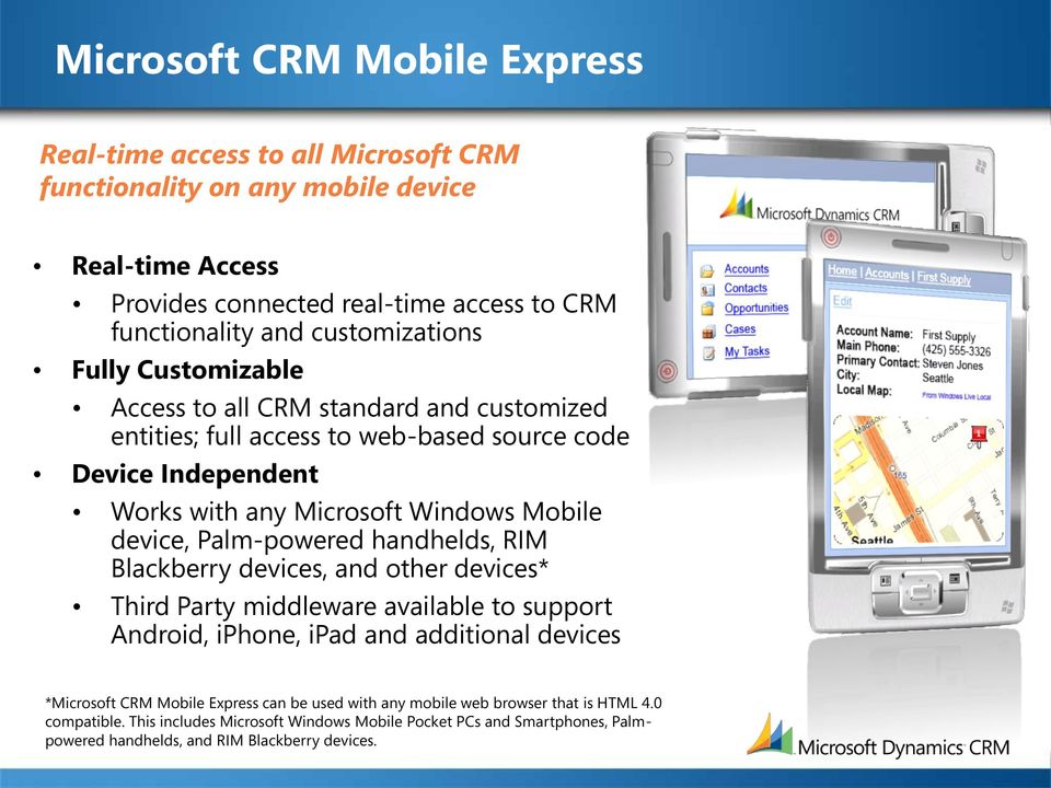 device, Palm-powered handhelds, RIM Blackberry devices, and other devices* Third Party middleware available to support Android, iphone, ipad and additional devices *Microsoft CRM Mobile
