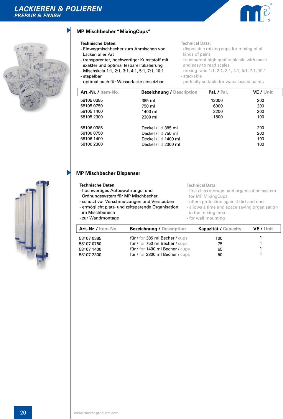 with exact and easy to read scales - mixing ratio :, 2:, 3:, 4:, 5:, 7:, 0: - stackable - perfectly suitable for water-based paints Art.-Nr. / Item-No. Bezeichnung / Description Pal. / Pal.