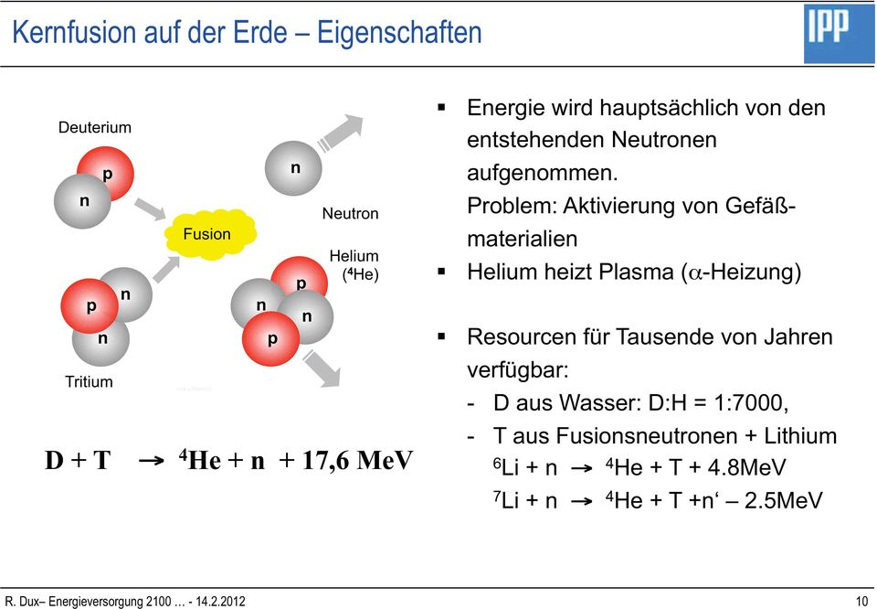 Problem: Aktivierg von Gefäß- materialien Helium heizt Plasma (α-heizg) Resourcen für Tausende von Jahren verfügbar: -