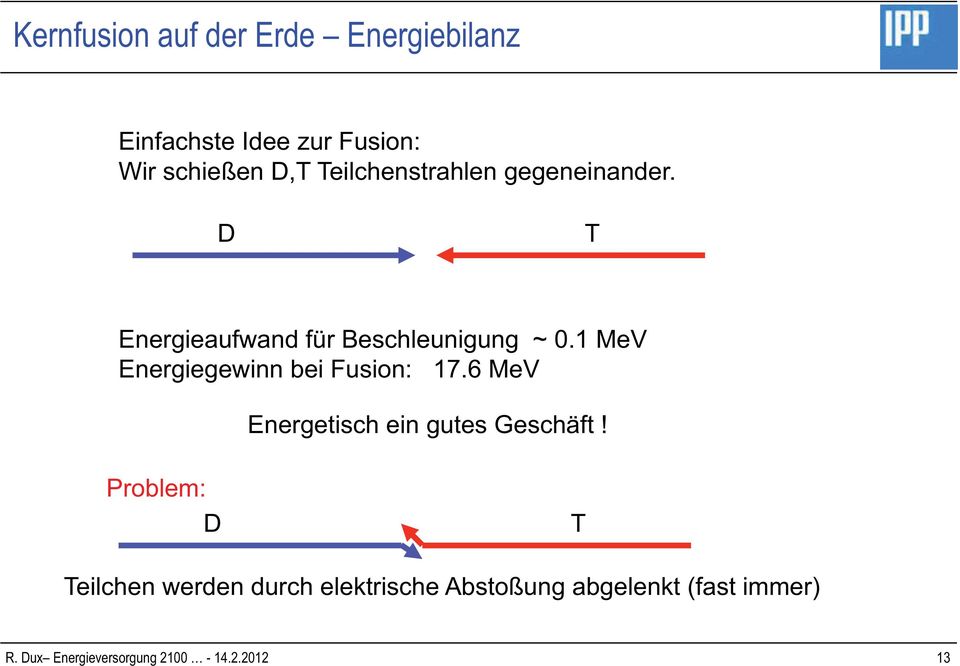 1 MeV Energiegewinn bei Fusion: 17.6 MeV Energetisch ein gutes Geschäft!