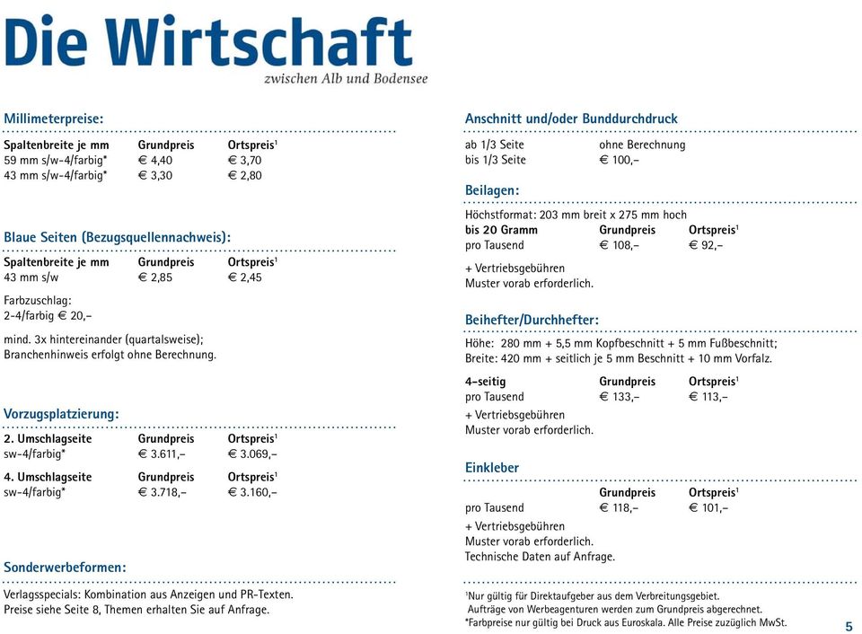 611, 3.069, 4. Umschlagseite Grundpreis Ortspreis 1 sw-4/farbig* 3.718, 3.160, Sonderwerbeformen: Verlagsspecials: Kombination aus Anzeigen und PR-Texten.