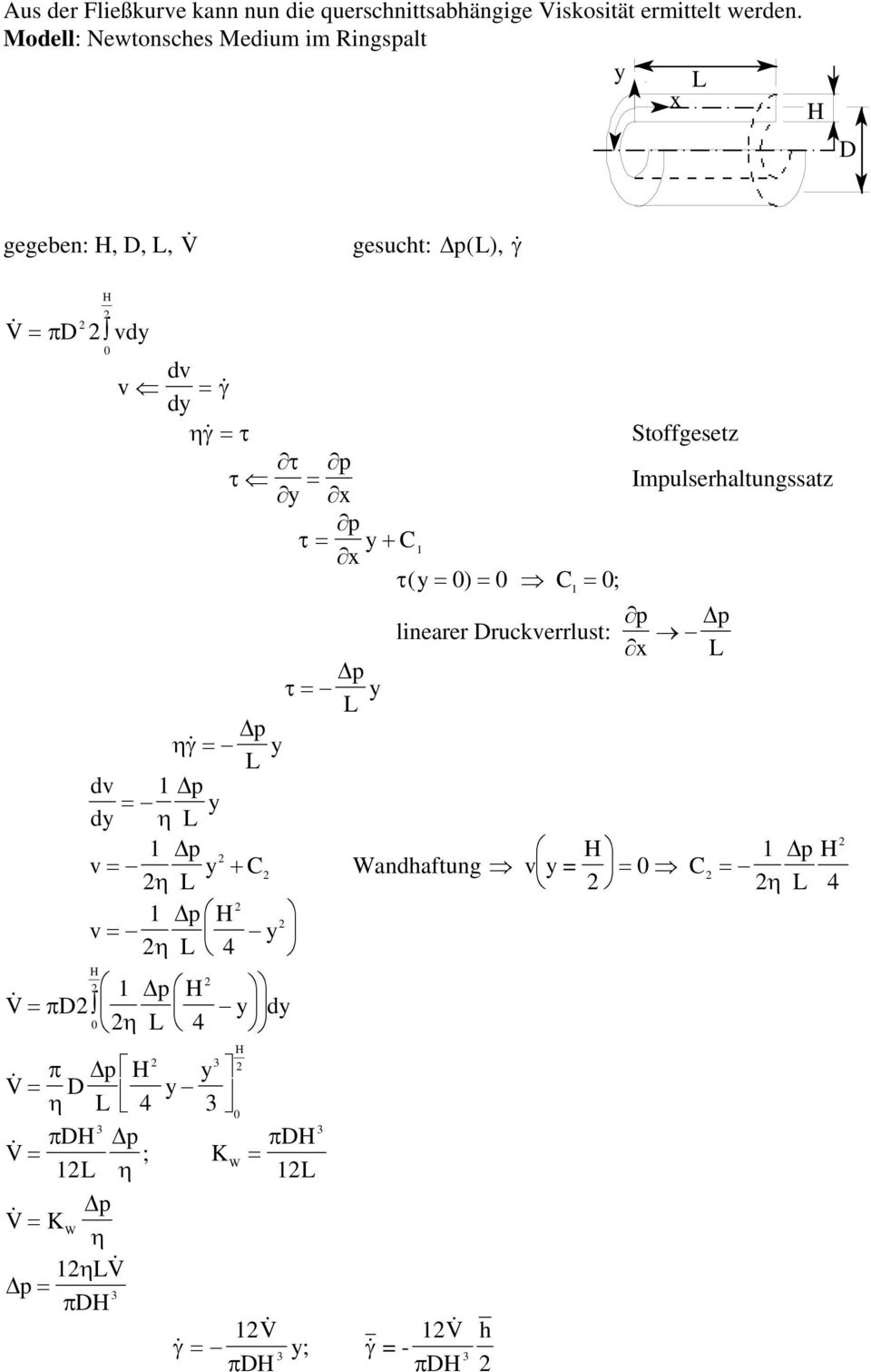 Stoffgesetz Imulserhaltungssatz y x x y C ( y 0) 0 C 0; lnearer Druckverrlust: x L L y L y dv dy