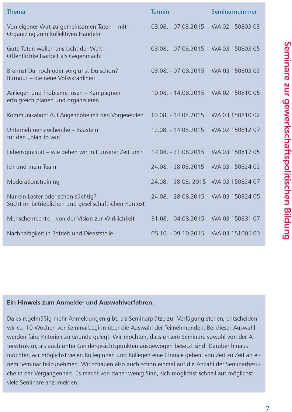 08. - 14.08.2015 WA 03 150810 02 Unternehmensrecherche Baustein 12.08. - 14.08.2015 WA 02 150812 07 für den plan to win Lebensqualität wie gehen wir mit unserer Zeit um? 17.08. - 21.08.2015 WA 03 150817 05 Ich und mein Team 24.