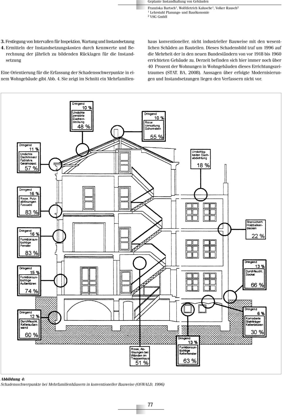 Wohngebäude gibt Abb. 4. Sie zeigt im Schnitt ein Mehrfamilienhaus konventioneller, nicht industrieller Bauweise mit den wesentlichen Schäden an Bauteilen.