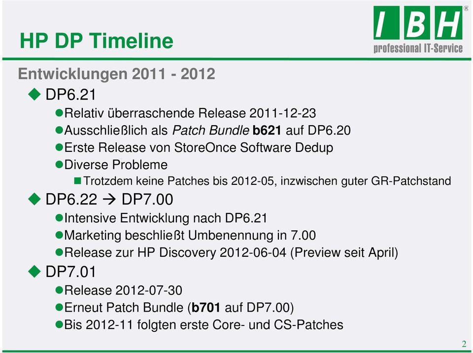 20 Erste Release von StoreOnce Software Dedup Diverse Probleme Trotzdem keine Patches bis 2012-05, inzwischen guter GR-Patchstand