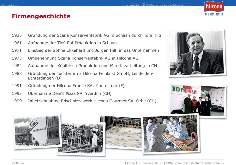 in CH 1988 Gründung der Tochterfirma Hilcona Feinkost GmbH, Leinfelden- Echterdingen (D) 1991 Gründung der Hilcona France SA, Montélimar (F) 1993 Übernahme Deni