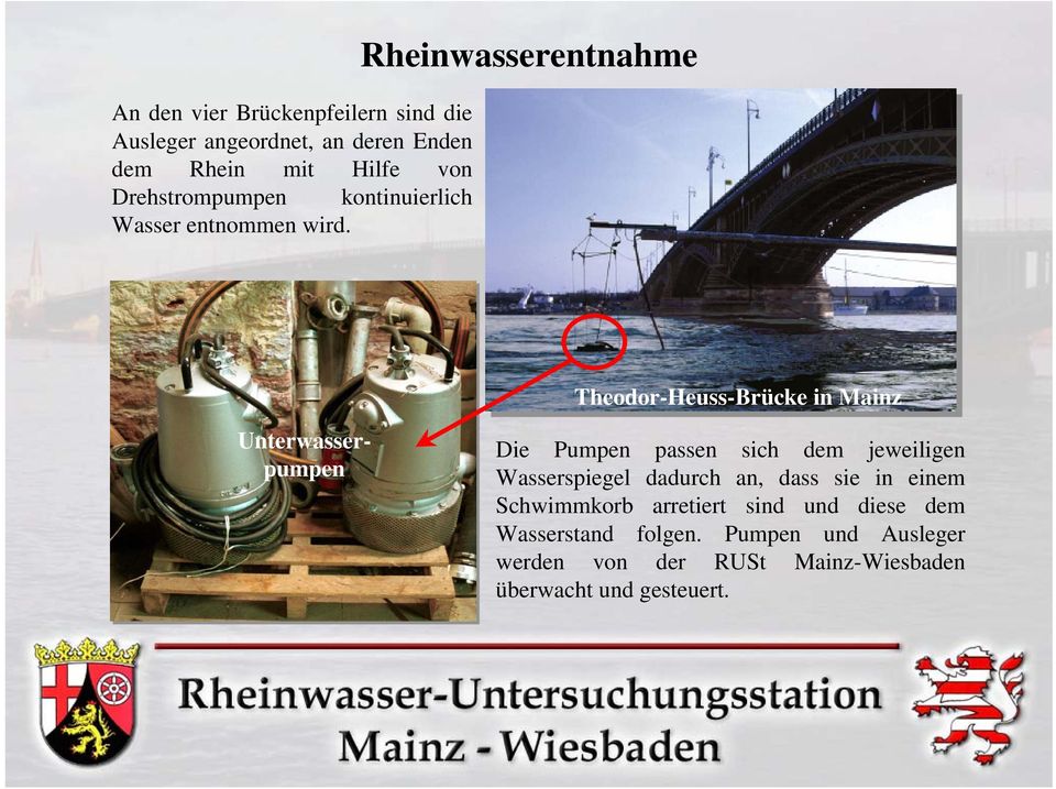 Rheinwasserentnahme Theodor-Heuss-Brücke in Mainz Unterwasserpumpen Die Pumpen passen sich dem jeweiligen