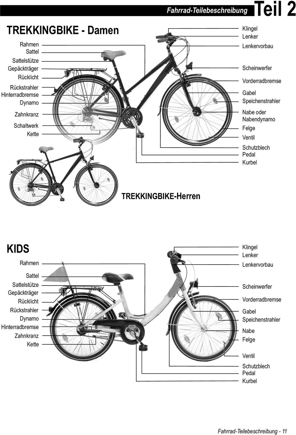 Ventil Schutzblech Pedal Kurbel TREKKINGBIKE-Herren KIDS Rahmen Sattel Sattelstütze Gepäckträger Rücklicht Rückstrahler Dynamo Hinterradbremse