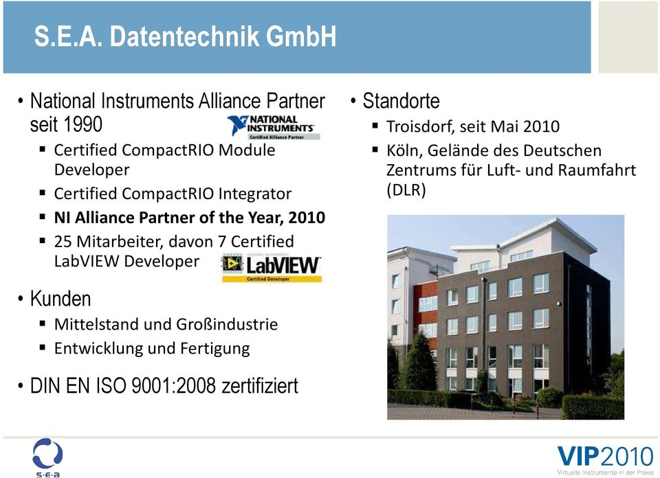 Certified CompactRIO Integrator NI Alliance Partner of the Year, 2010 25 Mitarbeiter, davon 7 Certified