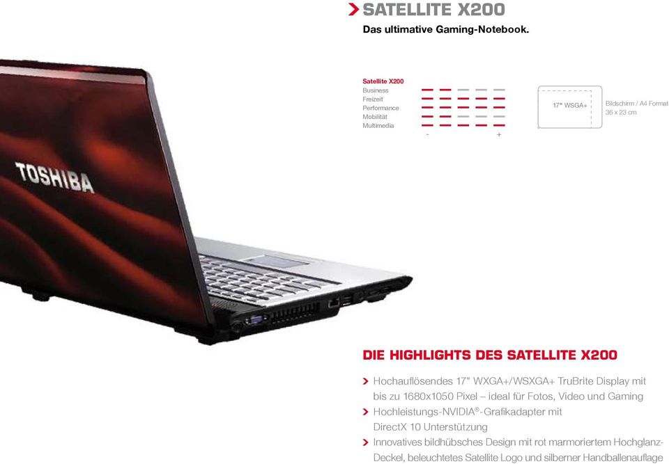 Highlights des Satellite X200 Hochauflösendes 17" WXGA+/WSXGA+ TruBrite Display mit bis zu 1680x1050 Pixel ideal für Fotos,