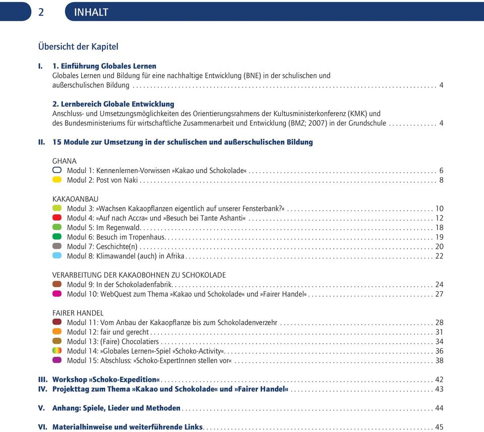 Entwicklung (BMZ; 2007) in der Grundschule.............. 4 II. 15 Module zur Umsetzung in der schulischen und außerschulischen Bildung GHANA Modul 1: Kennenlernen-Vorwissen»Kakao und Schokolade«.