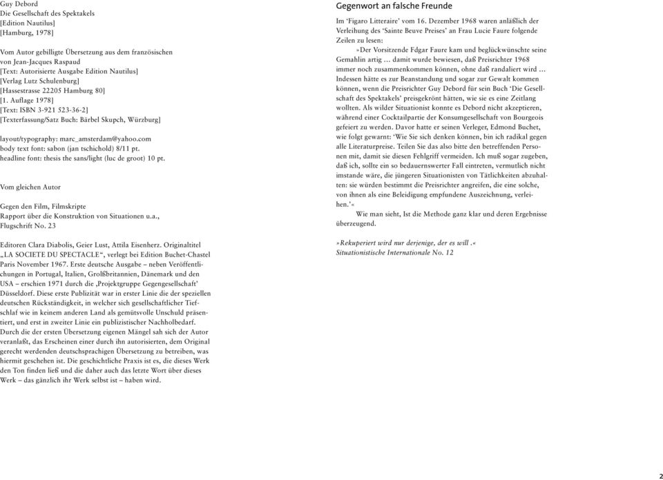 Auflage 1978] [Text: ISBN 3-921 523-36-2] [Texterfassung/Satz Buch: Bärbel Skupch, Würzburg] layout/typography: marc_amsterdam@yahoo.com body text font: sabon (jan tschichold) 8/11 pt.