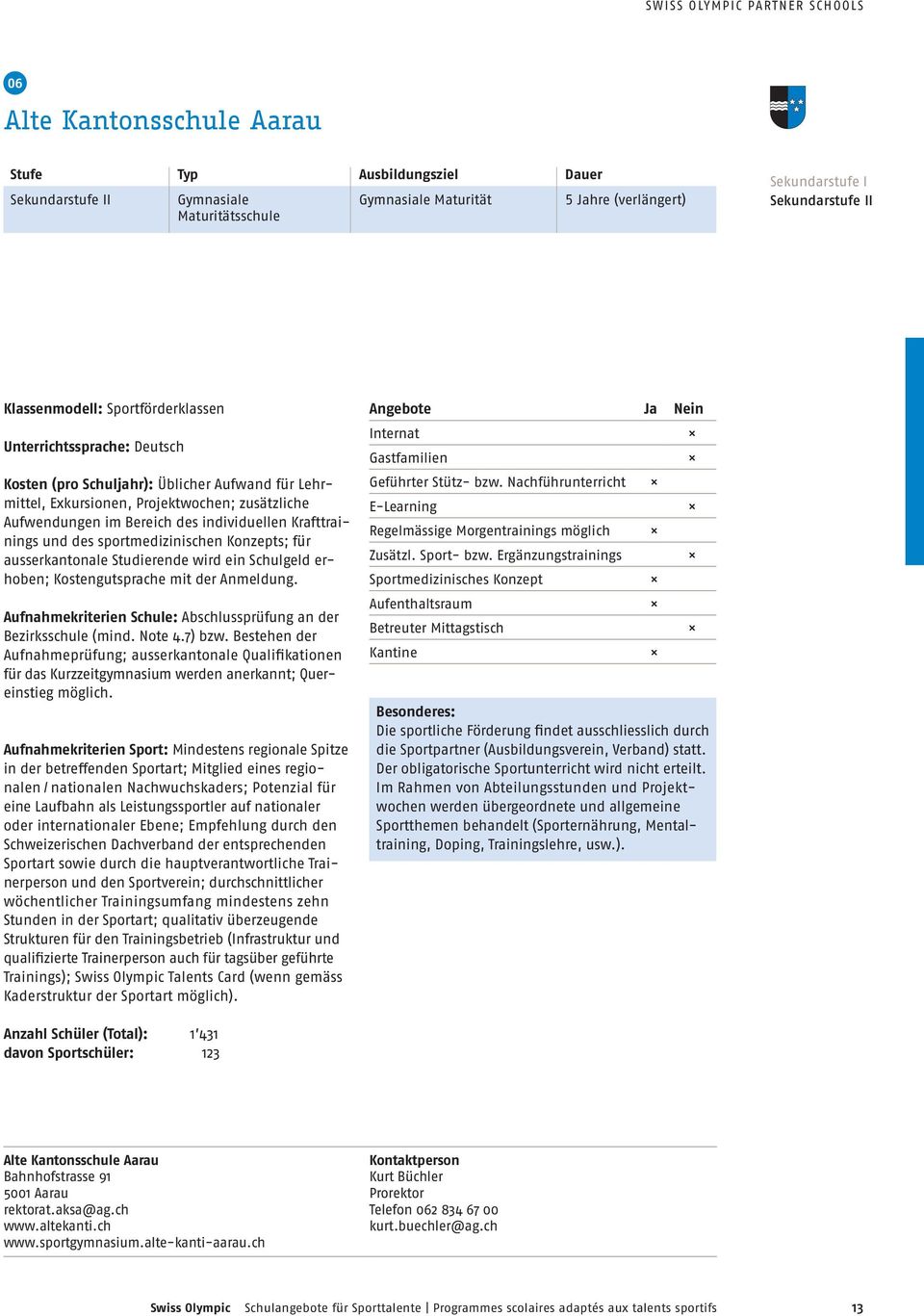 des individuellen Krafttrainings und des sportmedizinischen Konzepts; für ausserkantonale Studierende wird ein Schulgeld erhoben; Kostengutsprache mit der Anmeldung.