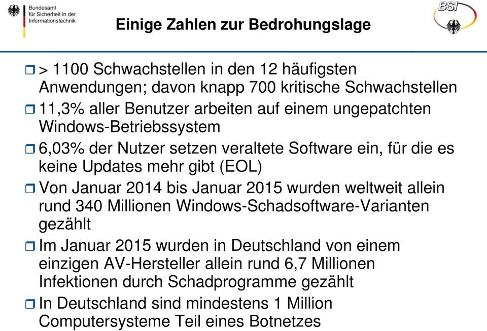 2014 bis Januar 2015 wurden weltweit allein rund 340 Millionen Windows-Schadsoftware-Varianten gezählt Im Januar 2015 wurden in Deutschland von einem
