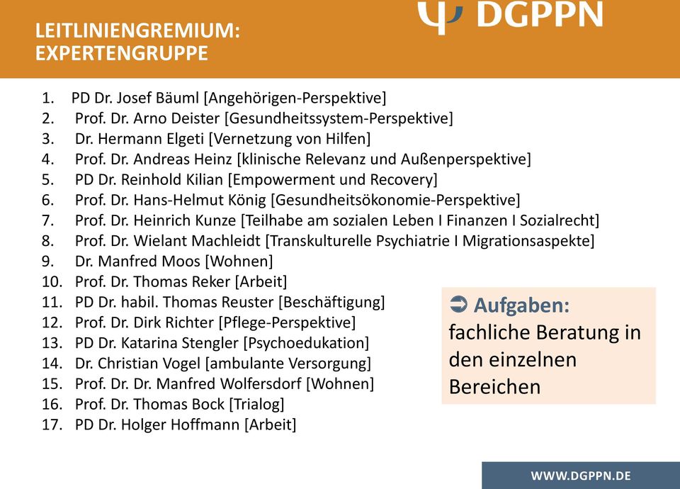 Prof. Dr. Wielant Machleidt [Transkulturelle Psychiatrie I Migrationsaspekte] 9. Dr. Manfred Moos [Wohnen] 10. Prof. Dr. Thomas Reker [Arbeit] 11. PD Dr. habil. Thomas Reuster [Beschäftigung] 12.