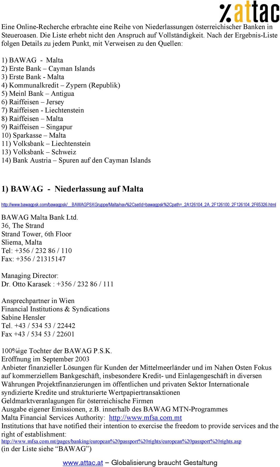 Bank Antigua 6) Raiffeisen Jersey 7) Raiffeisen - Liechtenstein 8) Raiffeisen Malta 9) Raiffeisen Singapur 10) Sparkasse Malta 11) Volksbank Liechtenstein 13) Volksbank Schweiz 14) Bank Austria