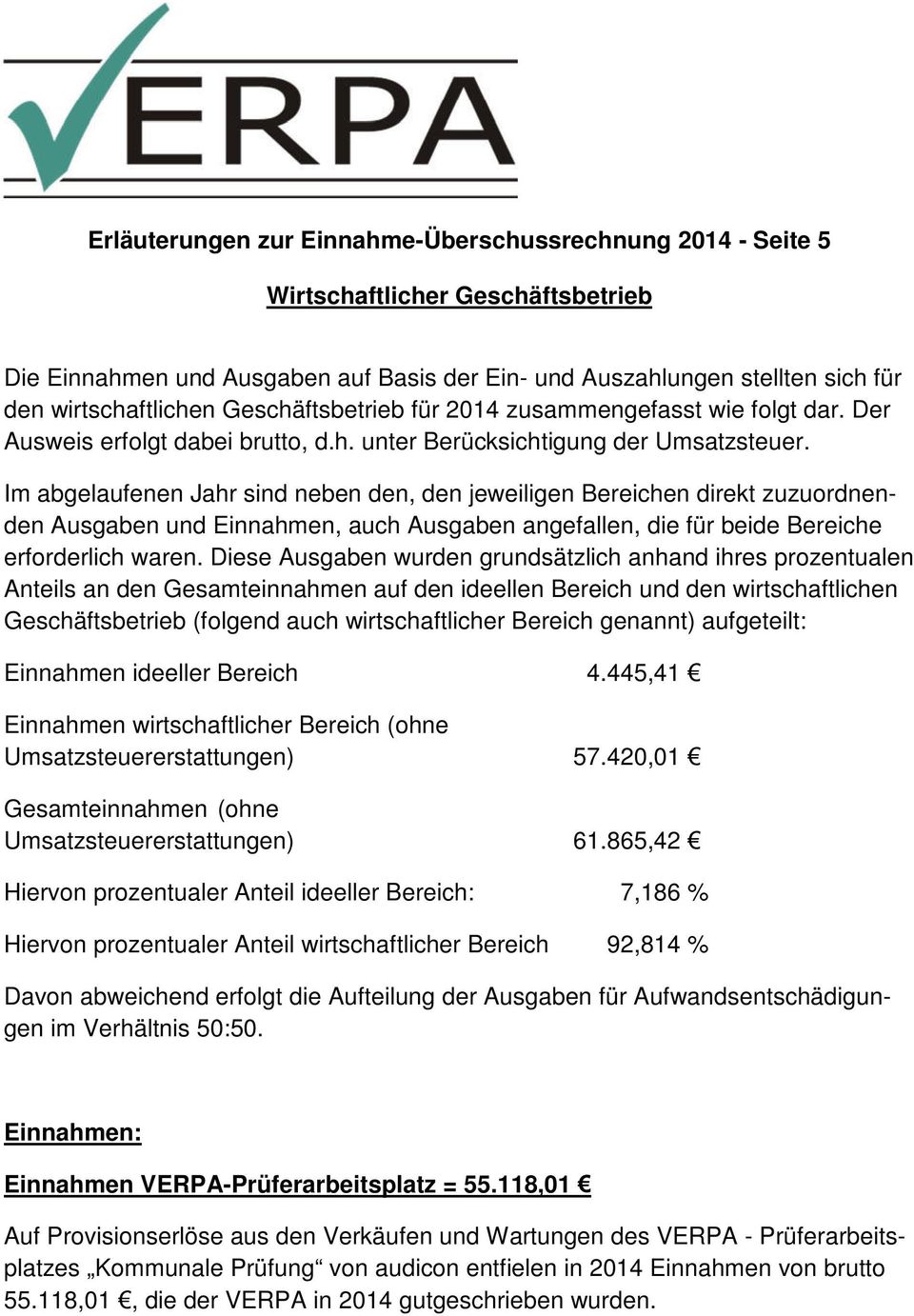 Im abgelaufenen Jahr sind neben den, den jeweiligen Bereichen direkt zuzuordnenden Ausgaben und Einnahmen, auch Ausgaben angefallen, die für beide Bereiche erforderlich waren.