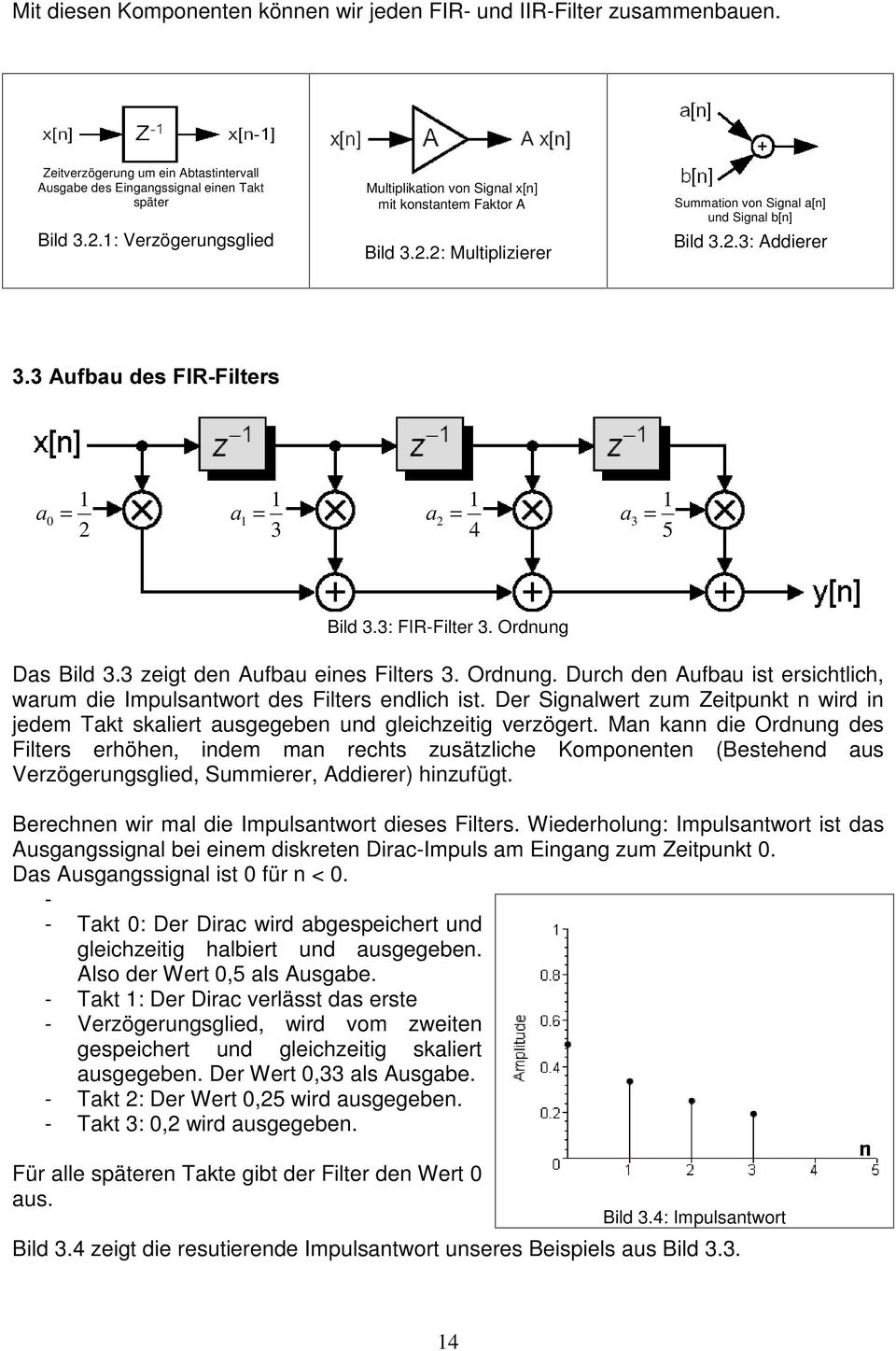 3: FIR-Filter 3. Ordnung Das Bild 3.3 zeigt den Aufbau eines Filters 3. Ordnung. Durch den Aufbau ist ersichtlich, warum die Impulsantwort des Filters endlich ist.