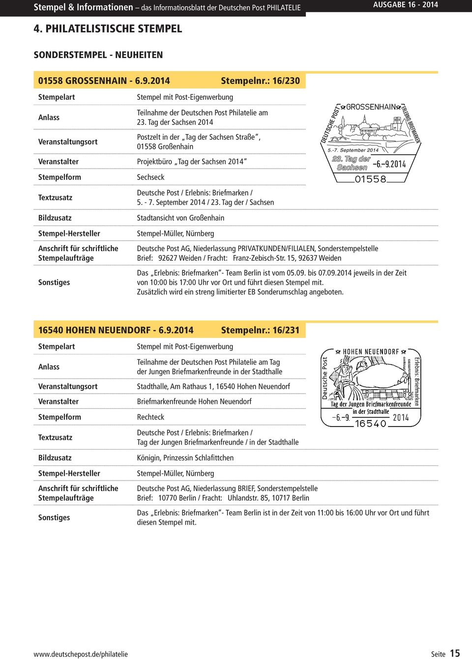 Tag der / Sachsen Stadtansicht von Großenhain Deutsche Post AG, Niederlassung PRIVATKUNDEN/FILIALEN, Sonderstempelstelle Brief: 92627 Weiden / Fracht: Franz-Zebisch-Str.