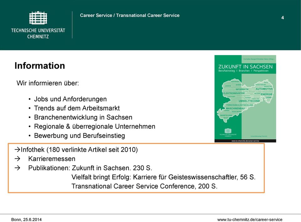 Infothek (180 verlinkte Artikel seit 2010) Karrieremessen Publikationen: Zukunft in Sachsen. 230 S.