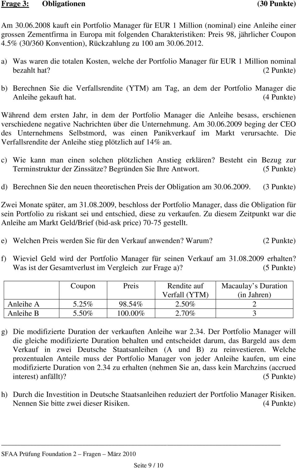 5% (30/360 Konvention), Rückzahlung zu 100 am 30.06.2012. a) Was waren die totalen Kosten, welche der Portfolio Manager für EUR 1 Million nominal bezahlt hat?