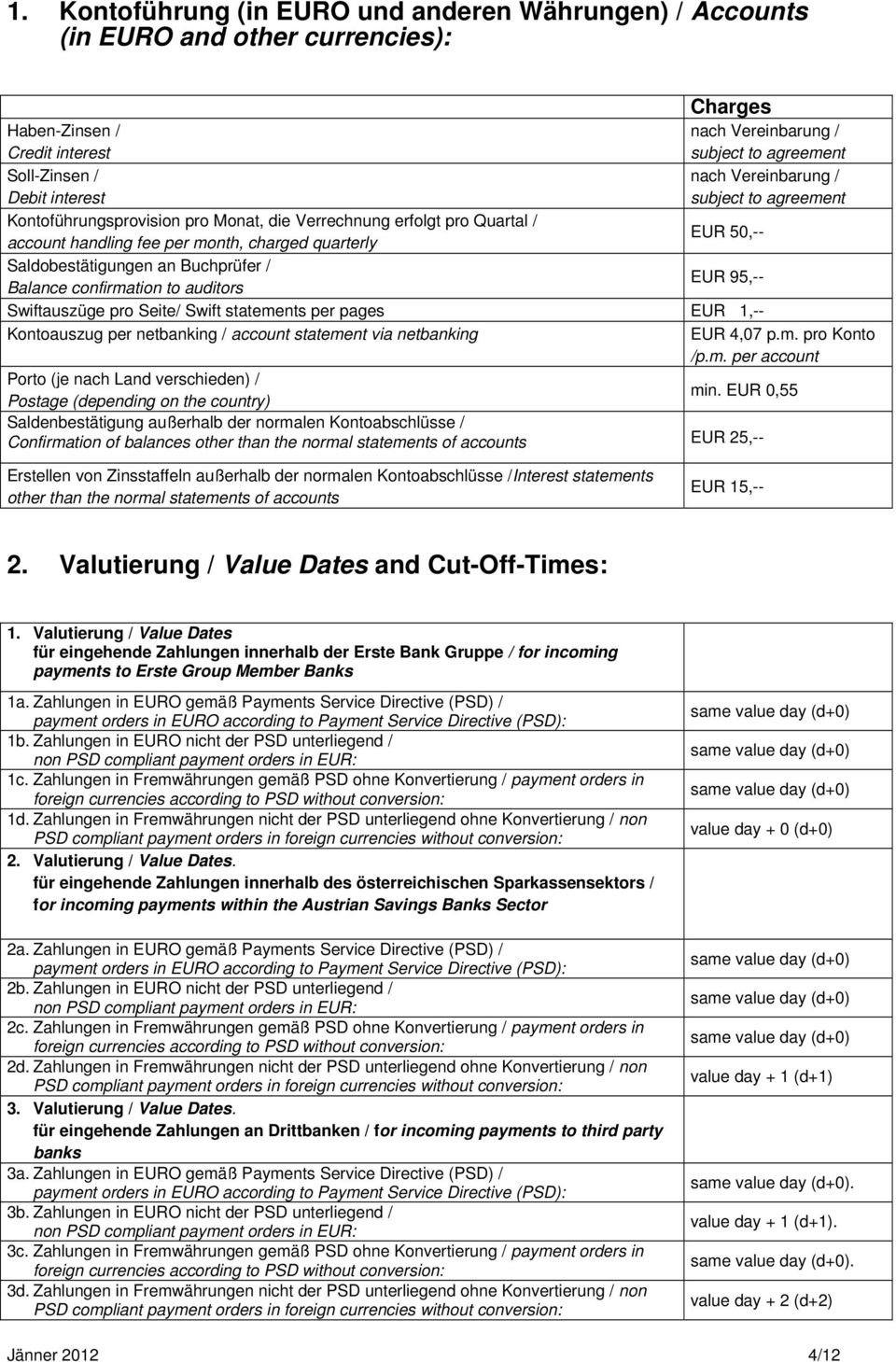 Buchprüfer / Balance confirmation to auditors EUR 95,-- Swiftauszüge pro Seite/ Swift statements per pages EUR 1,-- Kontoauszug per netbanking / account statement via netbanking EUR 4,07 p.m. pro Konto /p.