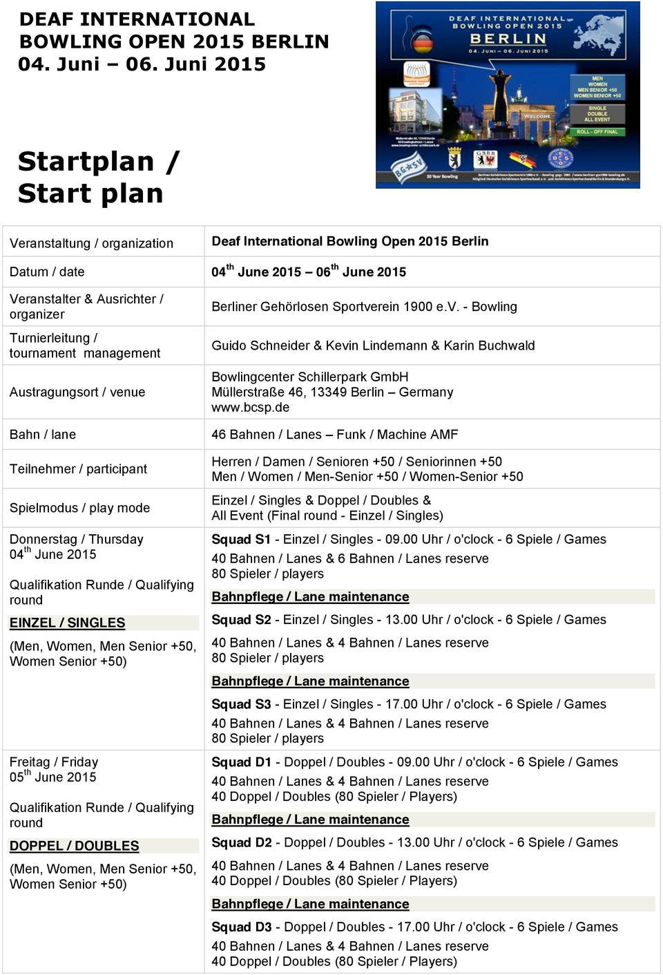 Austragungsort / venue Bahn / lane Teilnehmer / participant Spielmodus / play mode Donnerstag / Thursday 04 th June 2015 Qualifikation Runde / Qualifying round EINZEL / SINGLES (Men, Women, Men