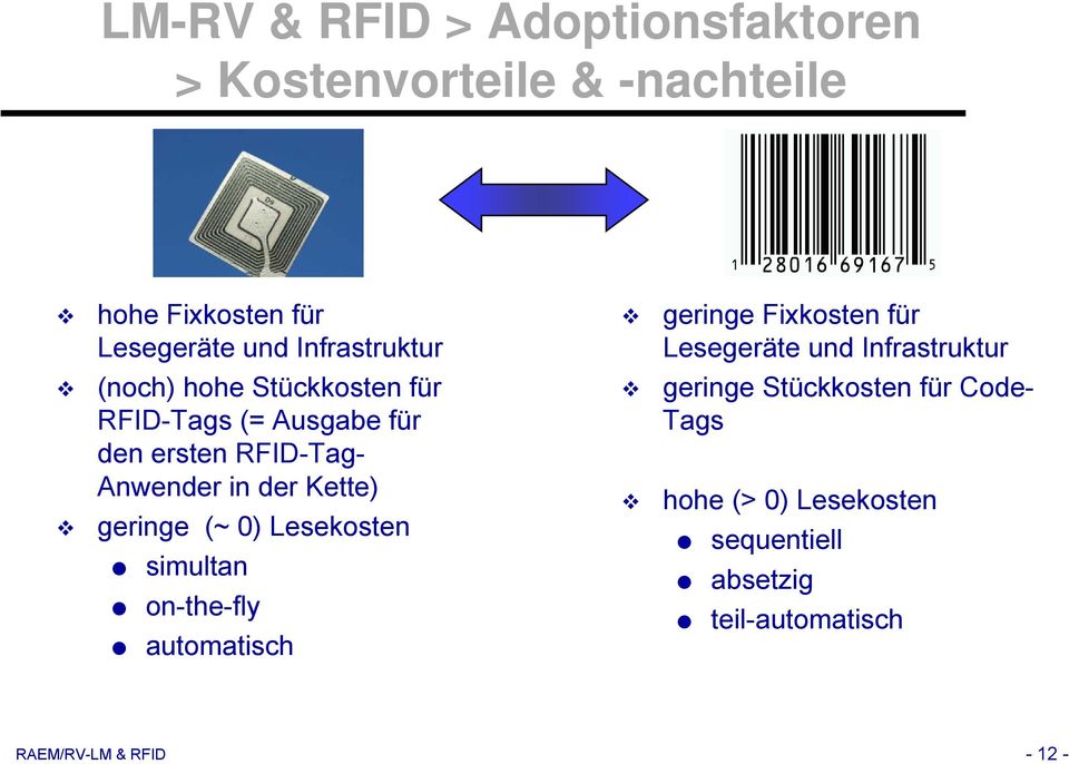 Ausgabe für den ersten RFID-Tag- Anwender in der Kette) geringe (~ 0) Lesekosten simultan on-the-fly