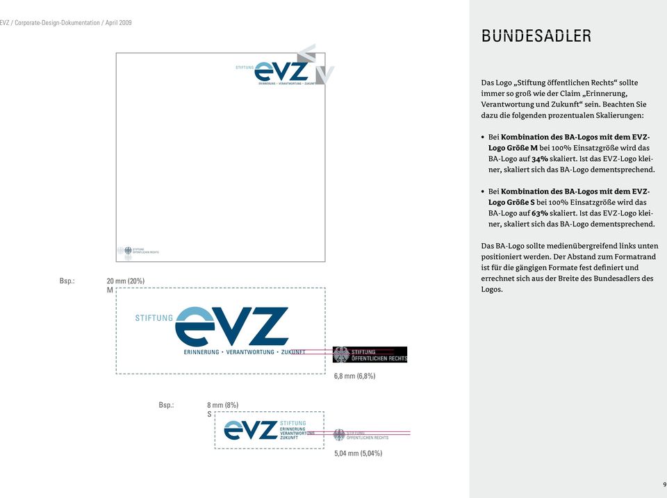 Ist das EVZ-Logo kleiner, skaliert sich das BA-Logo dementsprechend. Bei Kombination des BA-Logos mit dem EVZ- Logo Größe S bei 100% Einsatzgröße wird das BA-Logo auf 63% skaliert.