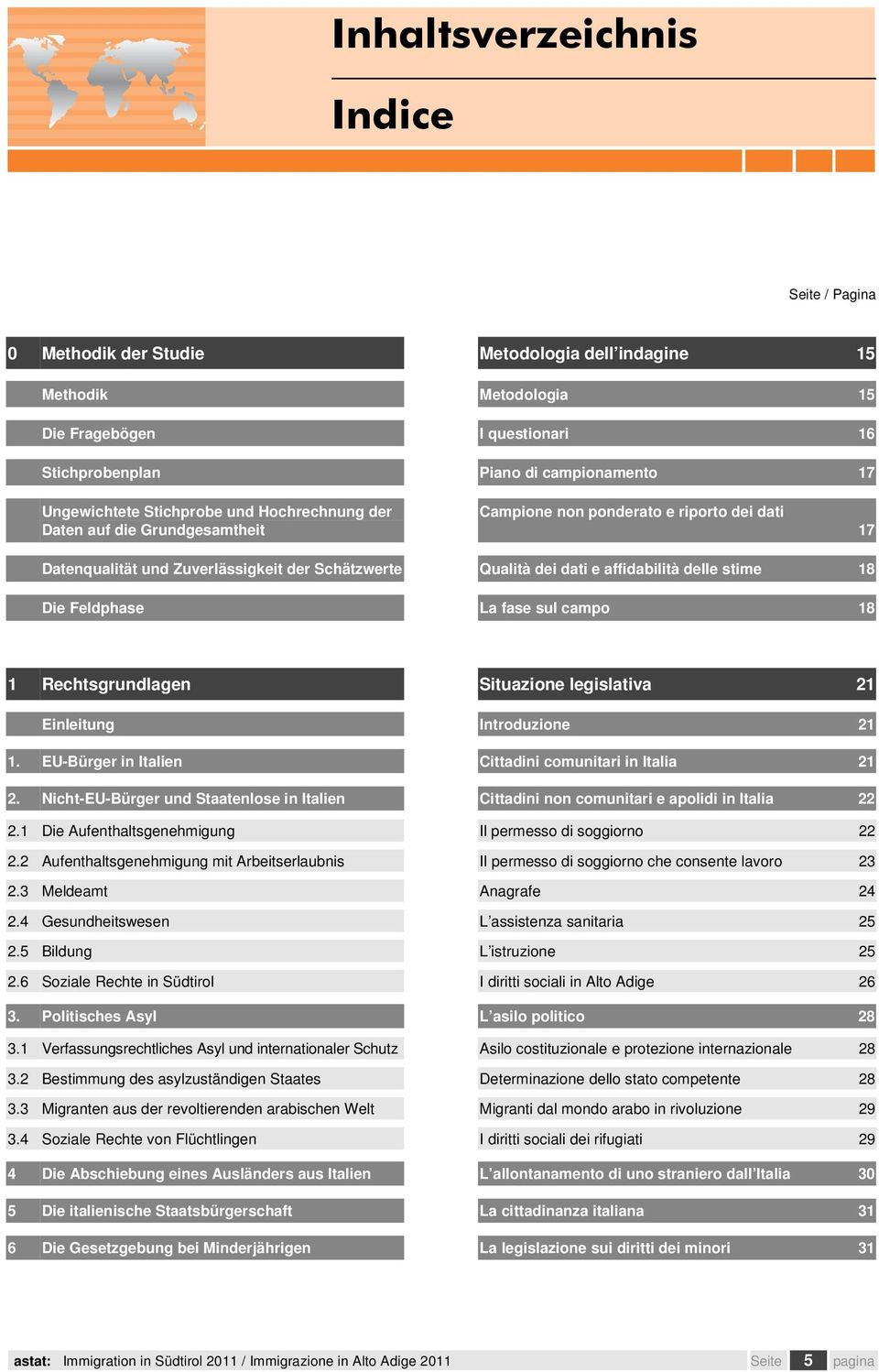 affidabilità delle stime 18 Die Feldphase La fase sul campo 18 1 Rechtsgrundlagen Situazione legislativa 21 Einleitung Introduzione 21 1. EU-Bürger in Italien Cittadini comunitari in Italia 21 2.