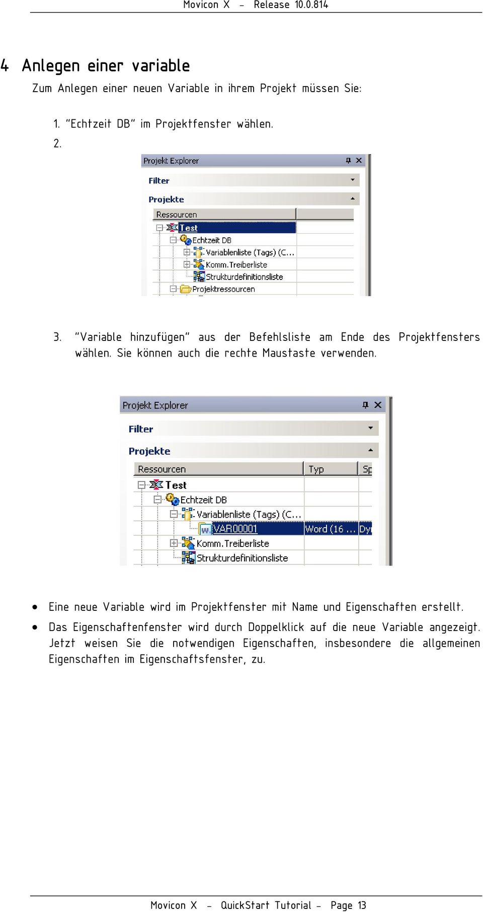 Eine neue Variable wird im Projektfenster mit Name und Eigenschaften erstellt.