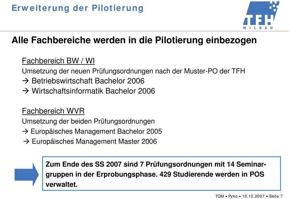 Umsetzung der beiden Prüfungsordnungen Europäisches Management Bachelor 2005 Europäisches Management Master 2006 Zum Ende des SS