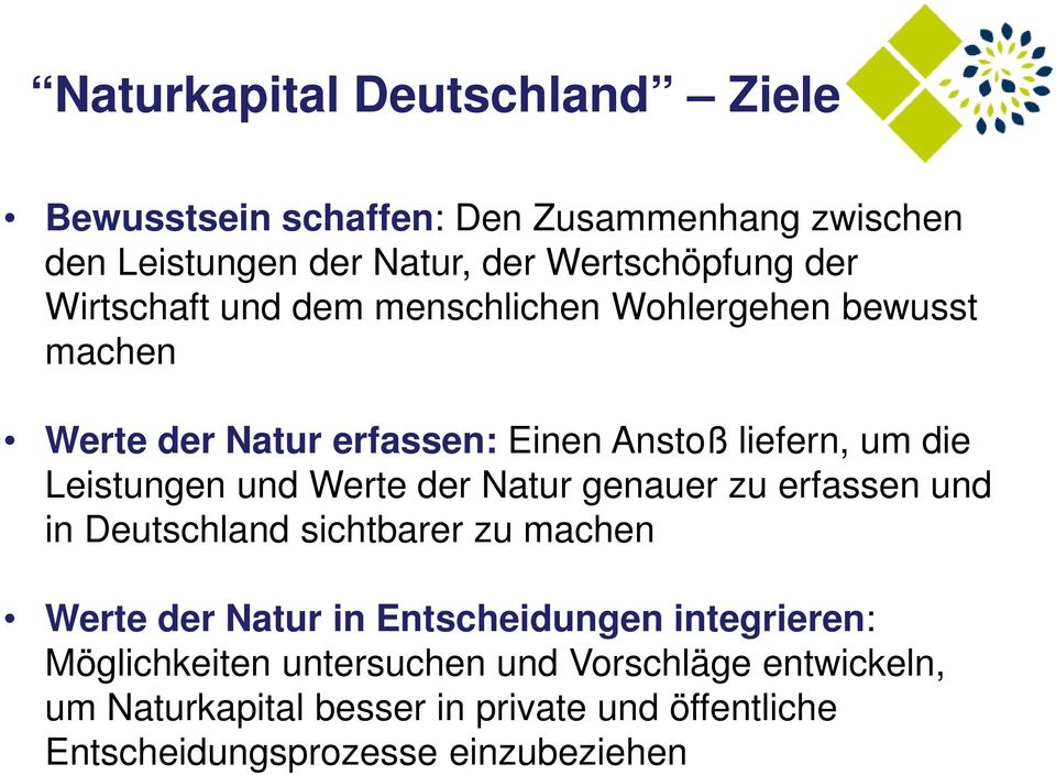 Werte der Natur genauer zu erfassen und in Deutschland sichtbarer zu machen Werte der Natur in Entscheidungen integrieren: