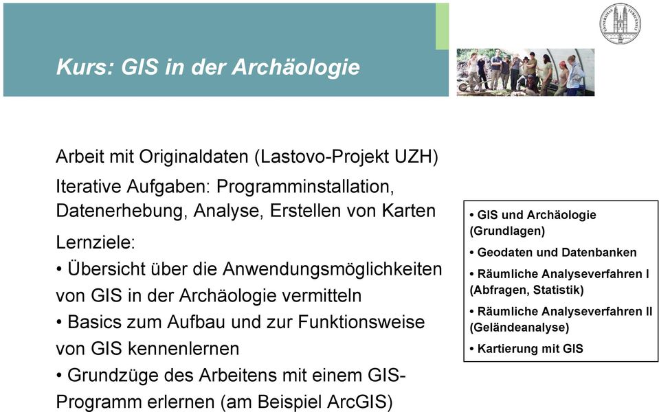 Funktionsweise von GIS kennenlernen Grundzüge des Arbeitens mit einem GIS- Programm erlernen (am Beispiel ArcGIS) GIS und Archäologie