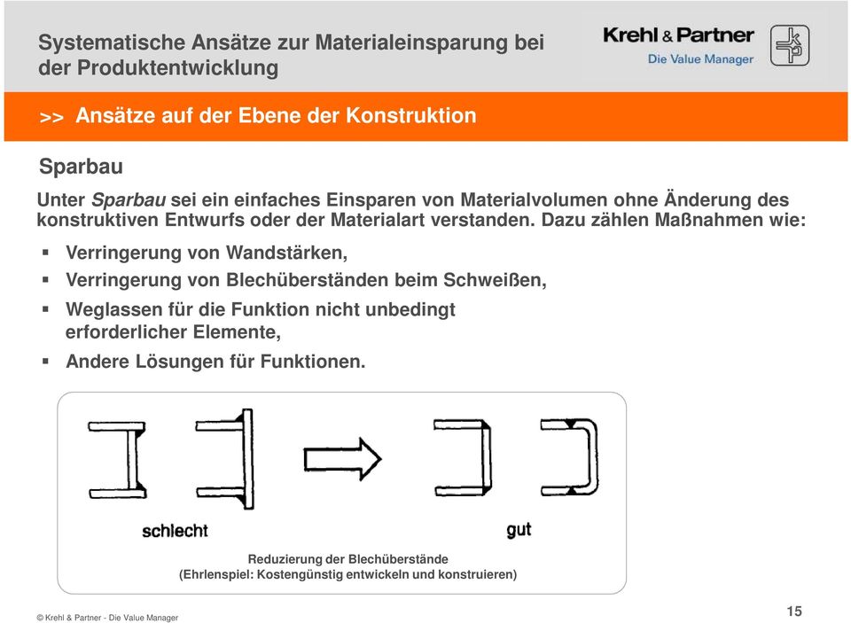 Dazu zählen Maßnahmen wie: Verringerung von Wandstärken, Verringerung von Blechüberständen beim Schweißen, Weglassen für die Funktion