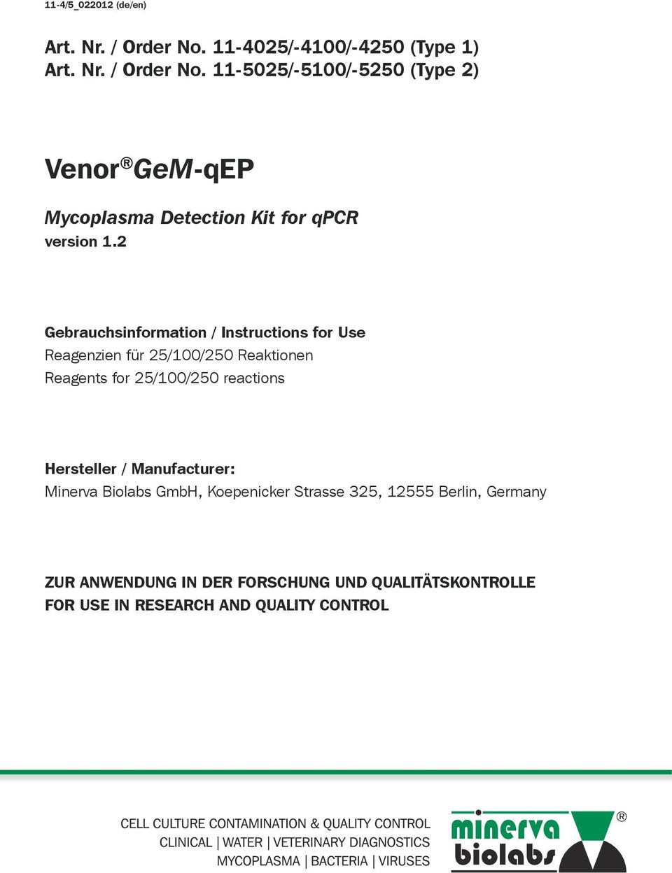 11-5025/-5100/-5250 (Type 2) Venor GeM-qEP Mycoplasma Detection Kit for qpcr version 1.