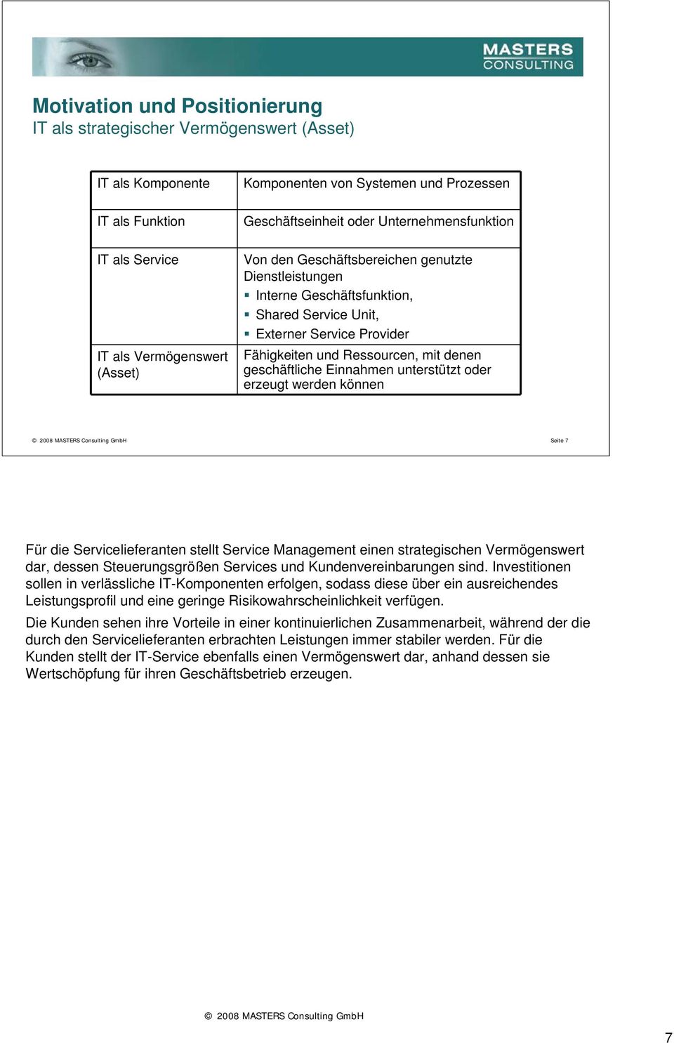 mit denen geschäftliche Einnahmen unterstützt oder erzeugt werden können Seite 7 Für die Servicelieferanten stellt Service Management einen strategischen Vermögenswert dar, dessen Steuerungsgrößen