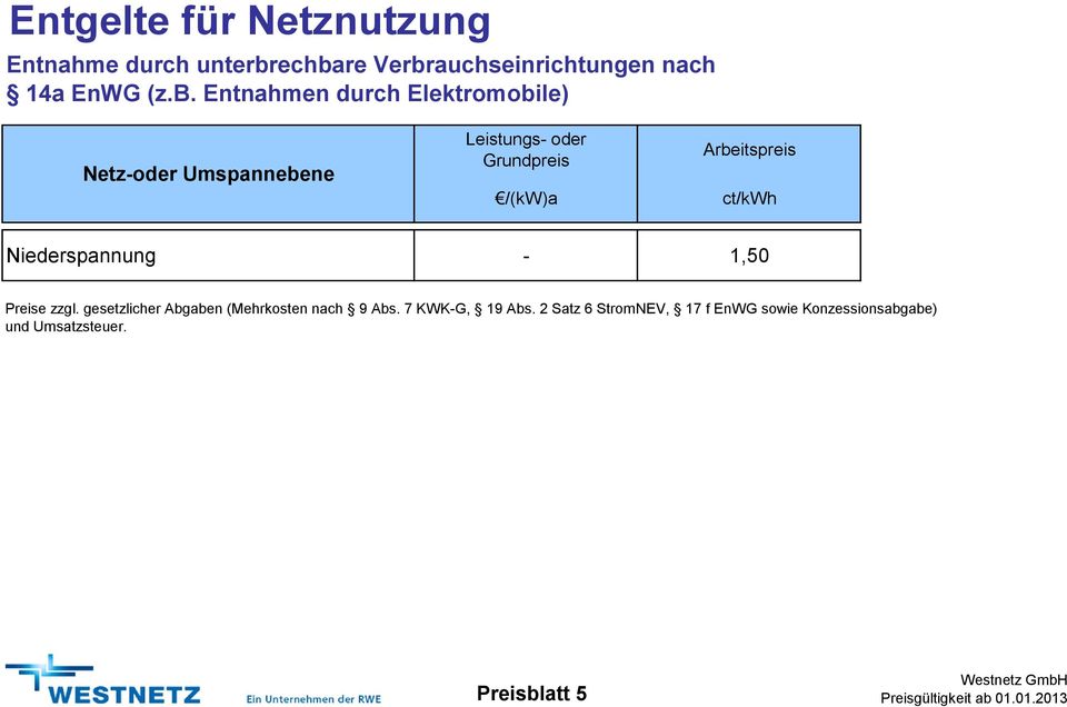 Netz-oder Umspannebene Leistungs- oder Grundpreis /(kw)a Arbeitspreis ct/kwh