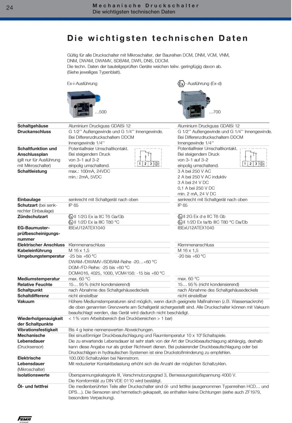 Ex-i-Ausführung -Ausführung (Ex-d) 500 700 Schaltgehäuse Druckanschluss Schaltfunktion und Anschlussplan (gilt nur für Ausführung mit Mikroschalter) Schaltleistung Einbaulage Schutzart (bei