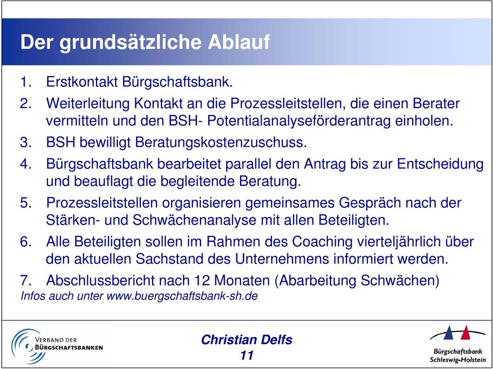 Bürgschaftsbank bearbeitet parallel den Antrag bis zur Entscheidung und beauflagt die begleitende Beratung. 5.