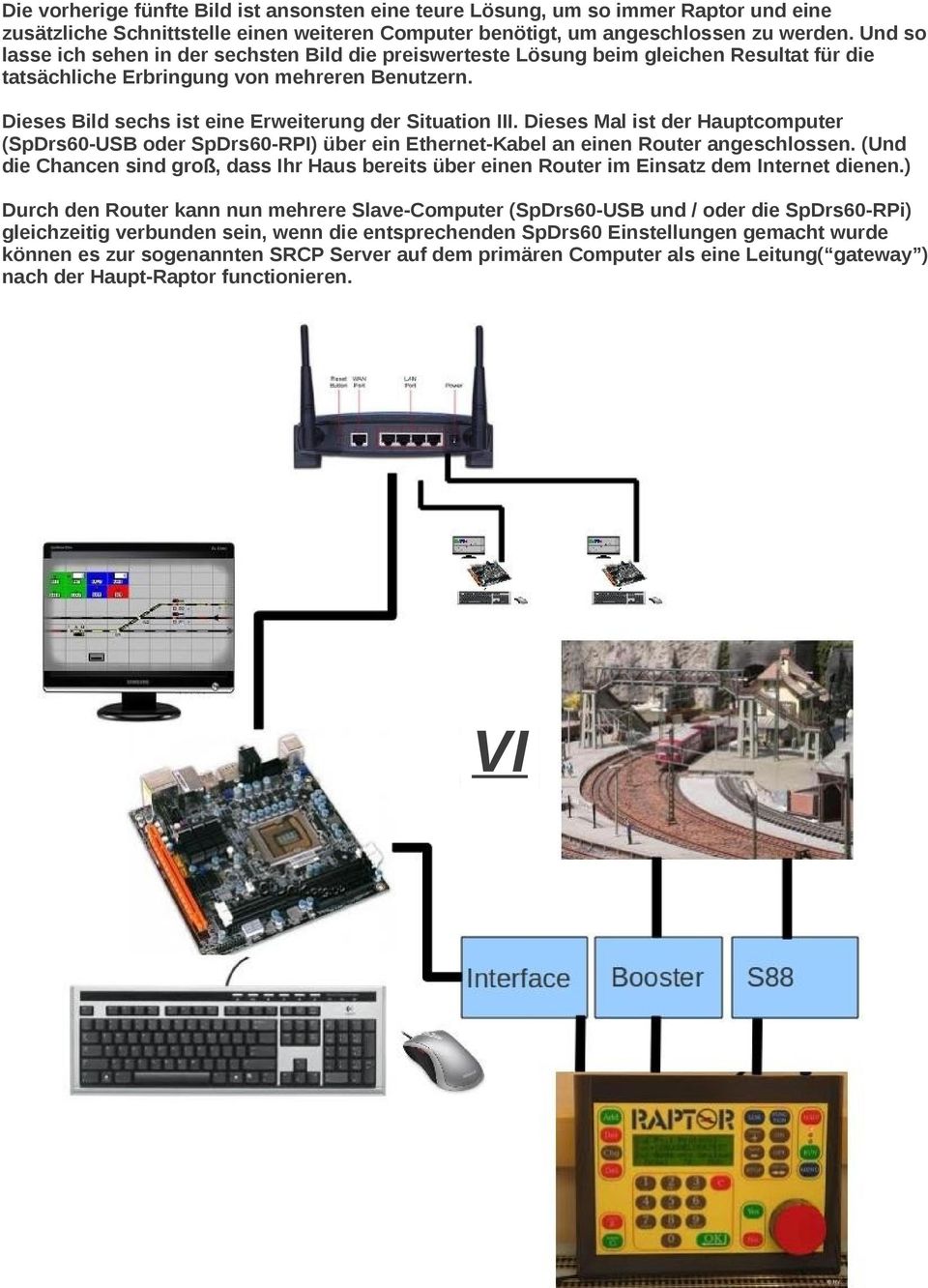 Dieses Bild sechs ist eine Erweiterung der Situation III. Dieses Mal ist der Hauptcomputer (SpDrs60-USB oder SpDrs60-RPI) über ein Ethernet-Kabel an einen Router angeschlossen.