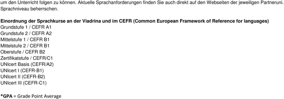 Einordnung der Sprachkurse an der Viadrina und im CEFR (Common European Framework of Reference for languages) Grundstufe 1 / CEFR